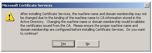 Installing Enterprise Subordinate Certificate Authority - Machine Name Confirmation