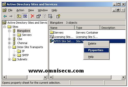 Active Directory Sites and Services NTDS Site settings context menu