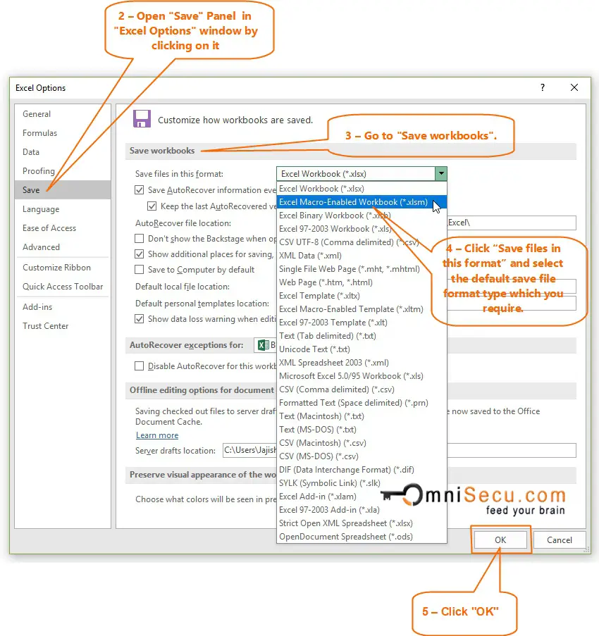 How To Change Default Save File Format Type Xlsx In Excel