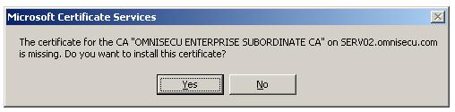 Install CA certificate on Enterprise Subordinate CA - dialog box confirm certificate install