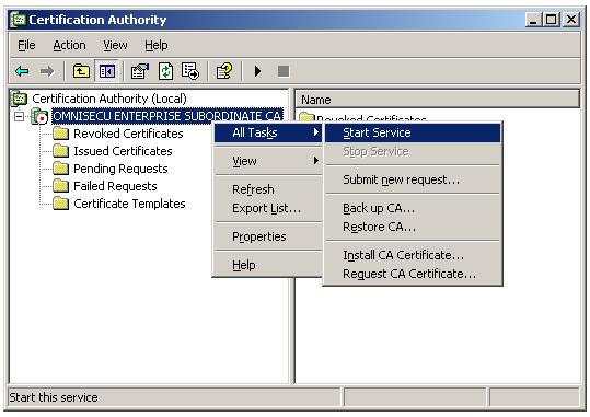 Install CA certificate on Enterprise Subordinate CA - Start Certificate Services
