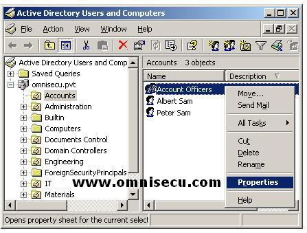 Active Directory Users and Computers Group Context Menu