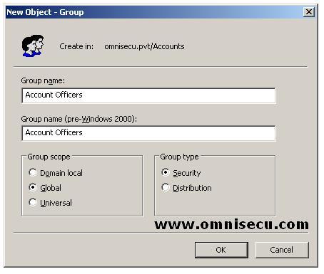Active Directory Users and computers new object group dialog